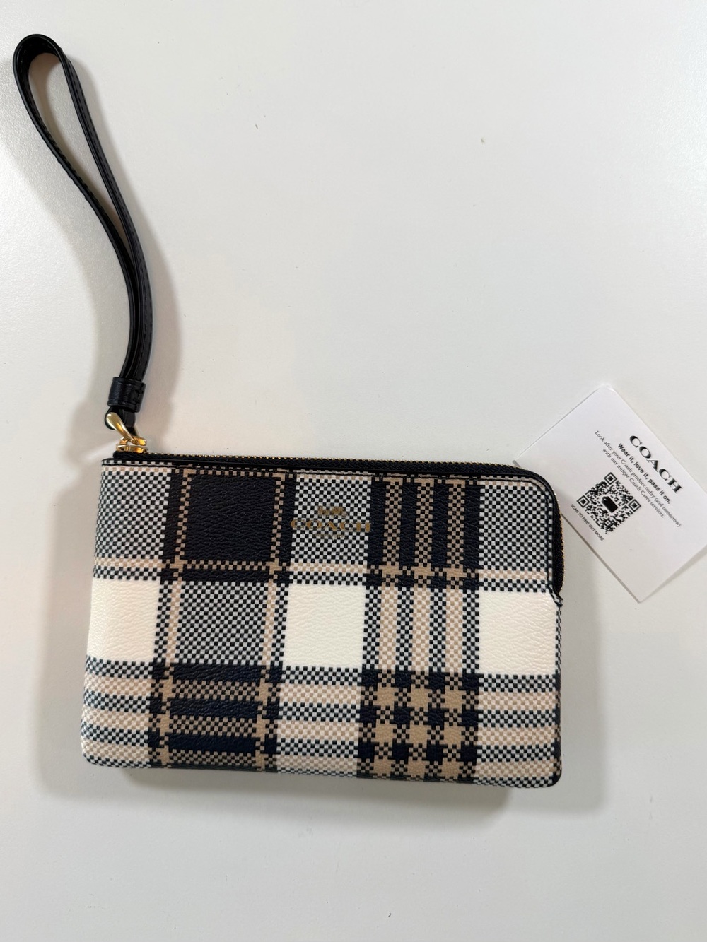 Coach Corner Zip Wristlet Garden Plaid Midnight Blue Multi C8683
